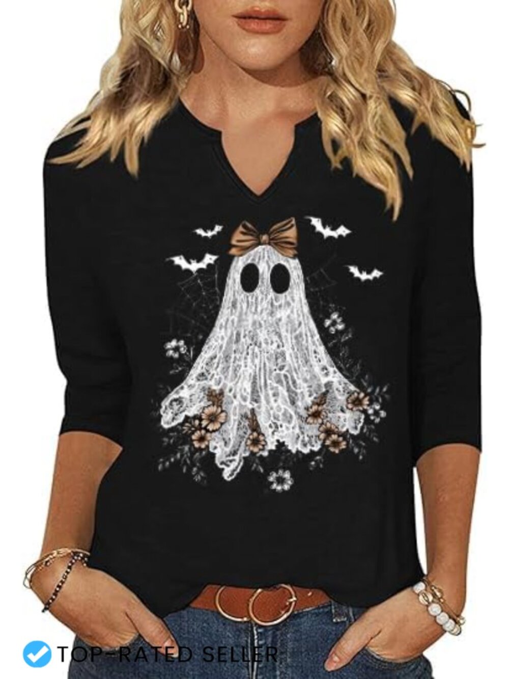 3/4 Sleeve V-Neck Halloween Graphic Tee Women Cute Ghost Pumpkin Cartoon Blouse